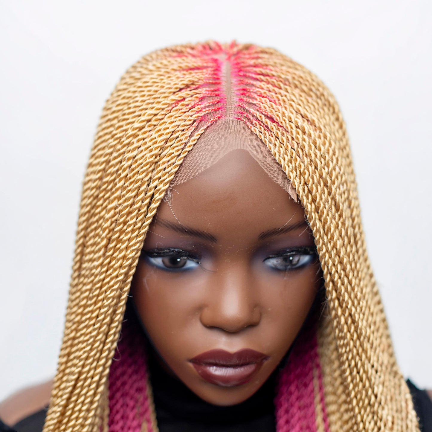 Jasmin Senegalese Twist Wig - 36” 4x4 Closure Glueless Pink and Blonde with Curly Tips