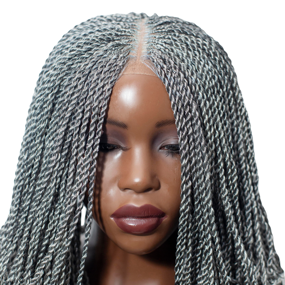 Jasmin Knotless Senegalese Twist Wig - 14” 4x4 Closure Glueless Grey with Curly Tips