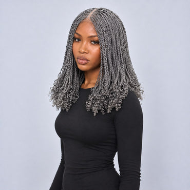 Jasmin Knotless Senegalese Twist Wig - 14” 4x4 Closure Glueless Grey with Curly Tips