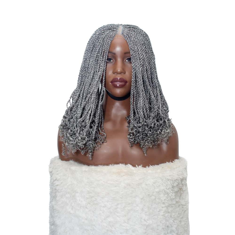 Jasmin Knotless Senegalese Twist Wig - 14” 4x4 Closure Glueless Grey with Curly Tips
