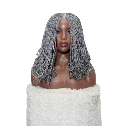 Jasmin Knotless Senegalese Twist Wig - 14” 4x4 Closure Glueless Grey with Curly Tips
