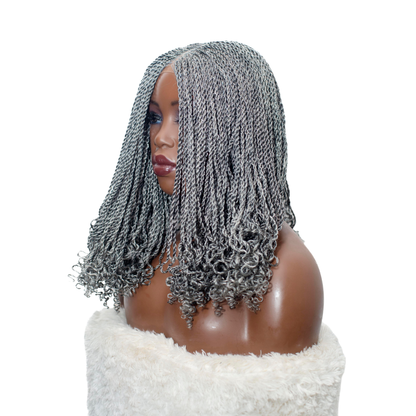 Jasmin Knotless Senegalese Twist Wig - 14” 4x4 Closure Glueless Grey with Curly Tips