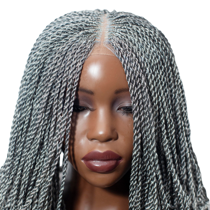Jasmin Knotless Senegalese Twist Wig - 14” 4x4 Closure Glueless Grey with Curly Tips