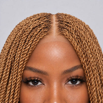 Jasmin Short Senegalese Twists with Curly Tips - 16" HD 5x5 Lace Closure Color 30/27 Mixed