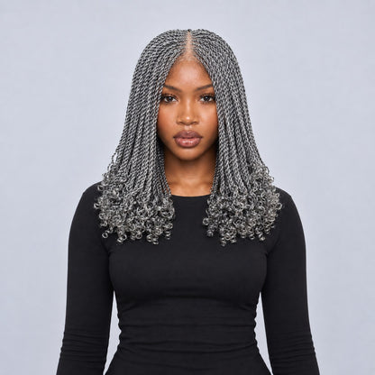 Jasmin Knotless Senegalese Twist Wig - 14” 4x4 Closure Glueless Grey with Curly Tips