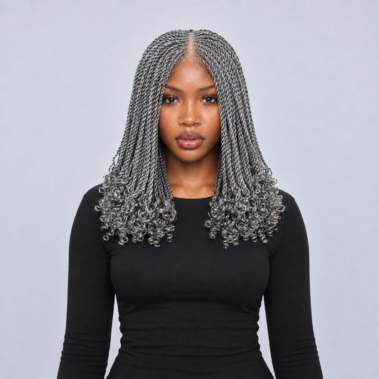 Jasmin Knotless Senegalese Twist Wig - 14” 4x4 Closure Glueless Grey with Curly Tips
