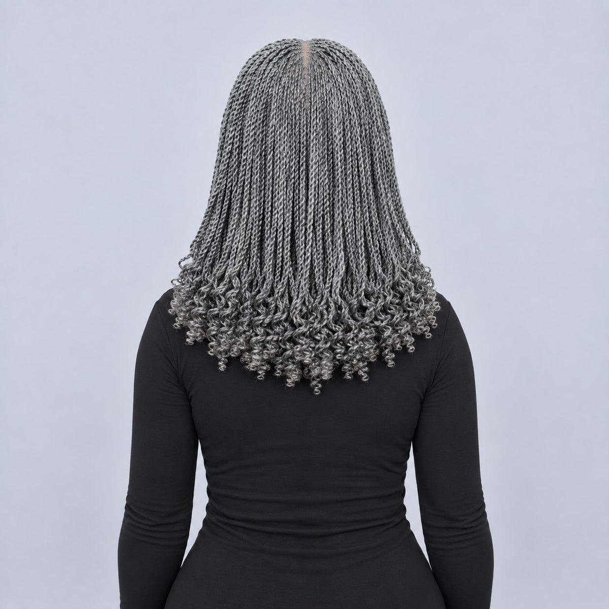 Jasmin Knotless Senegalese Twist Wig - 14” 4x4 Closure Glueless Grey with Curly Tips
