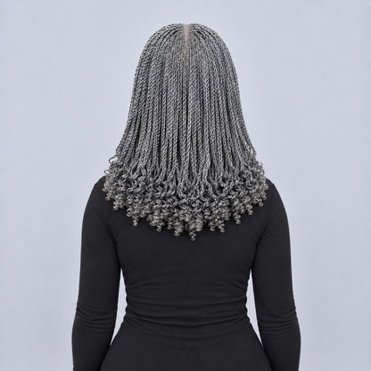 Jasmin Knotless Senegalese Twist Wig - 14” 4x4 Closure Glueless Grey with Curly Tips