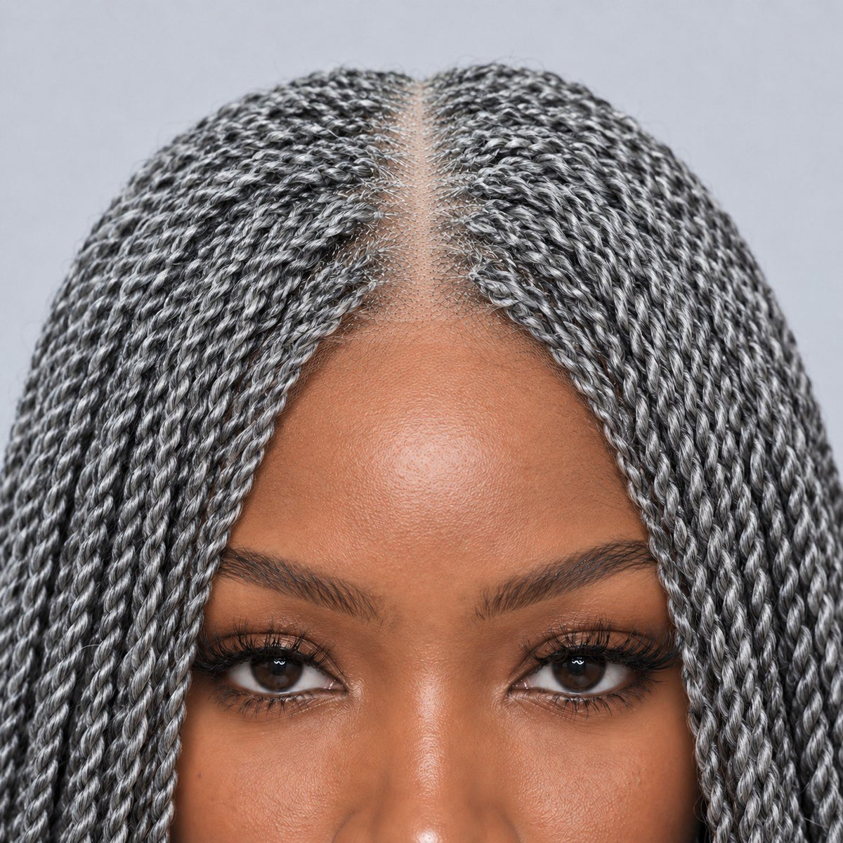 Jasmin Knotless Senegalese Twist Wig - 14” 4x4 Closure Glueless Grey with Curly Tips