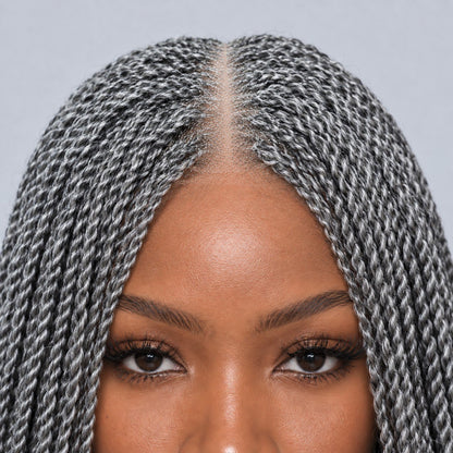 Jasmin Knotless Senegalese Twist Wig - 14” 4x4 Closure Glueless Grey with Curly Tips