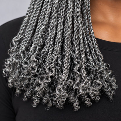 Jasmin Knotless Senegalese Twist Wig - 14” 4x4 Closure Glueless Grey with Curly Tips