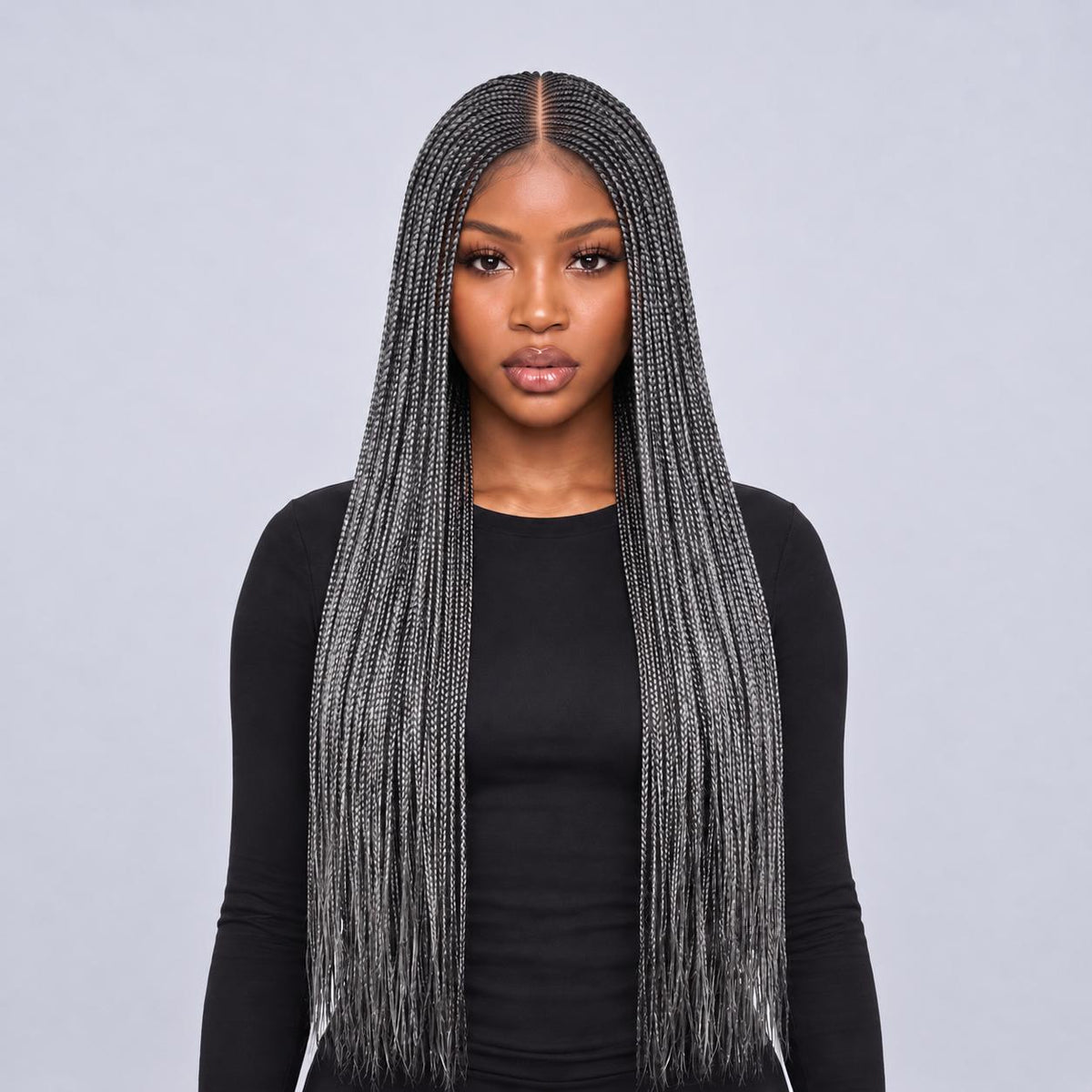 Tiana - Center Part Cornrow 28" HD 13x4 Frontal Grey with Natural Roots