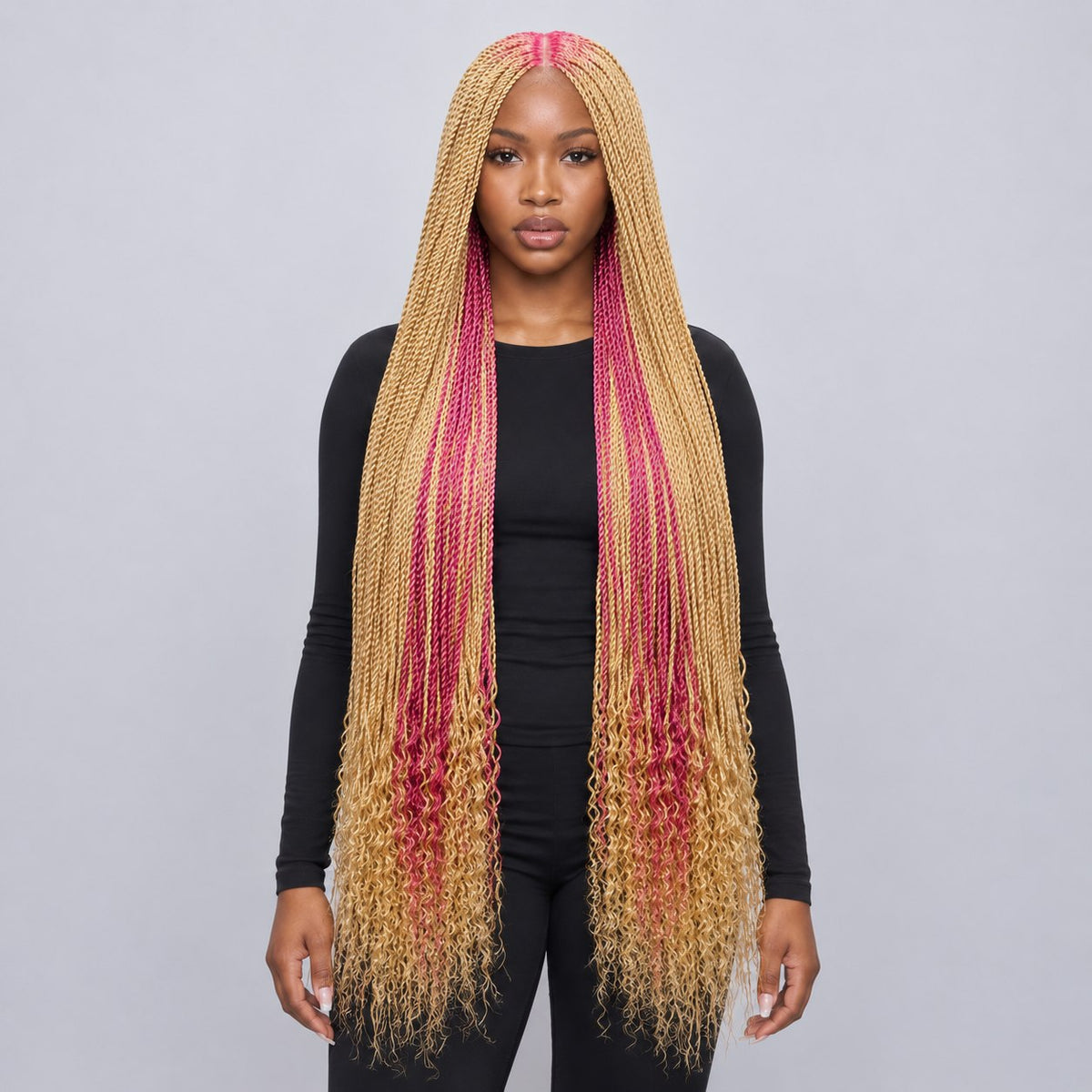 Jasmin Senegalese Twist Wig - 36” 4x4 Closure Glueless Pink and Blonde with Curly Tips