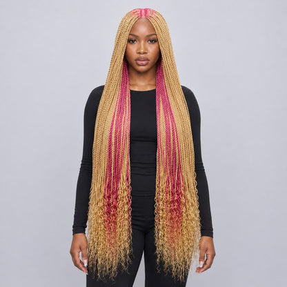Jasmin Senegalese Twist Wig - 36” 4x4 Closure Glueless Pink and Blonde with Curly Tips