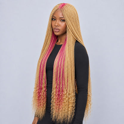 Jasmin Senegalese Twist Wig - 36” 4x4 Closure Glueless Pink and Blonde with Curly Tips