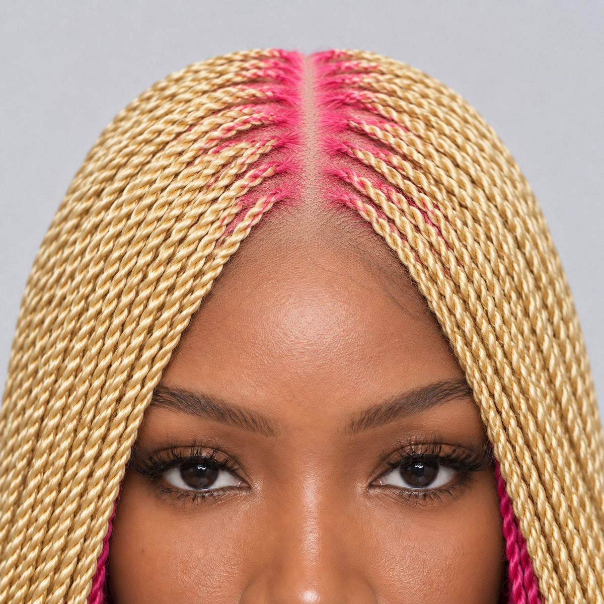 Jasmin Senegalese Twist Wig - 36” 4x4 Closure Glueless Pink and Blonde with Curly Tips