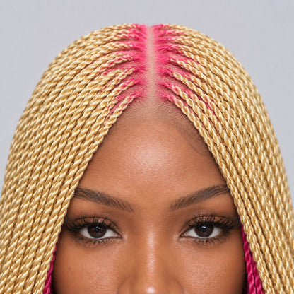 Jasmin Senegalese Twist Wig - 36” 4x4 Closure Glueless Pink and Blonde with Curly Tips