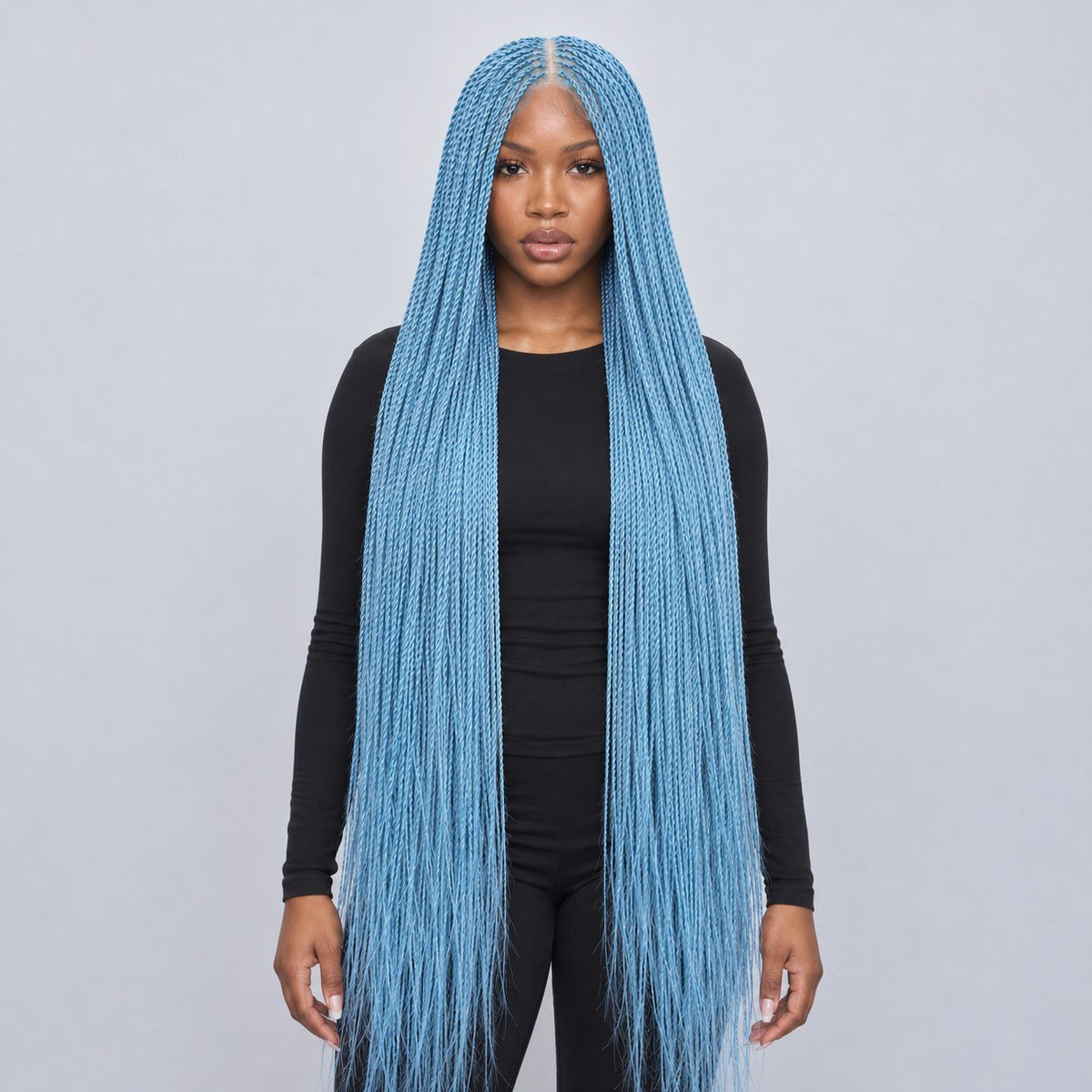 Megan Senegalese Knotless Twist Wig - 45” 4x4 Closure Glueless Baby Blue Color