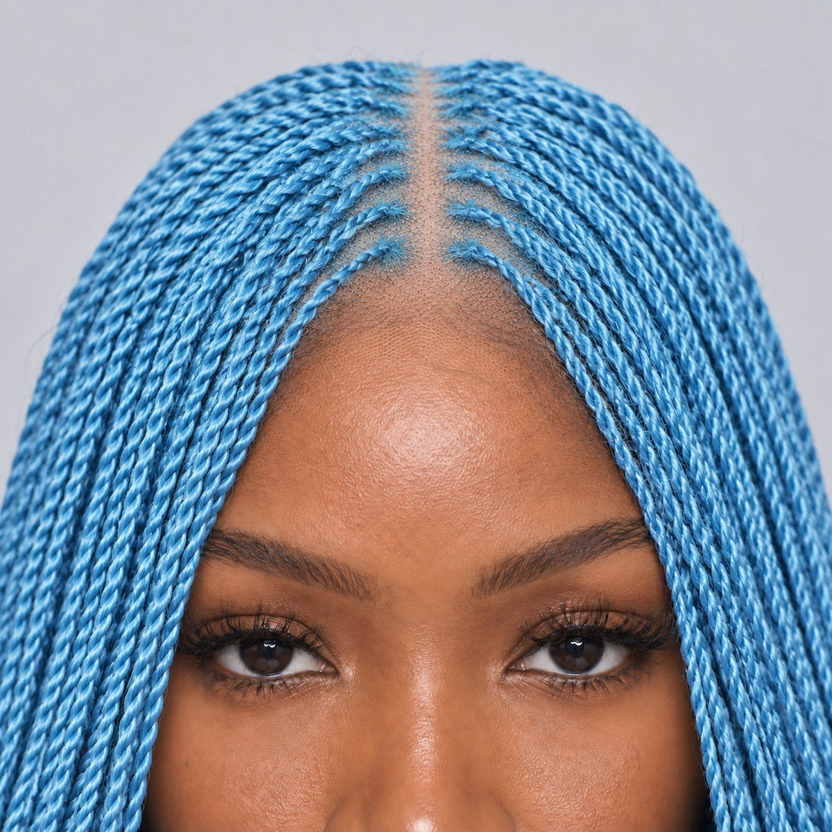Megan Senegalese Knotless Twist Wig - 45” 4x4 Closure Glueless Baby Blue Color